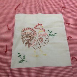 Hand Embroidered Retro Hen & Chicks, Rooster Childrens ~Baby ~Quilt Red/White